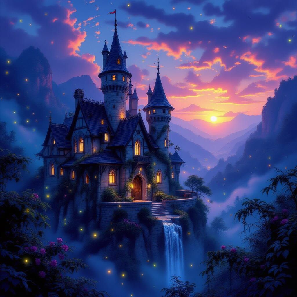 Luminescent Castle in Mystical Valley at Sunset