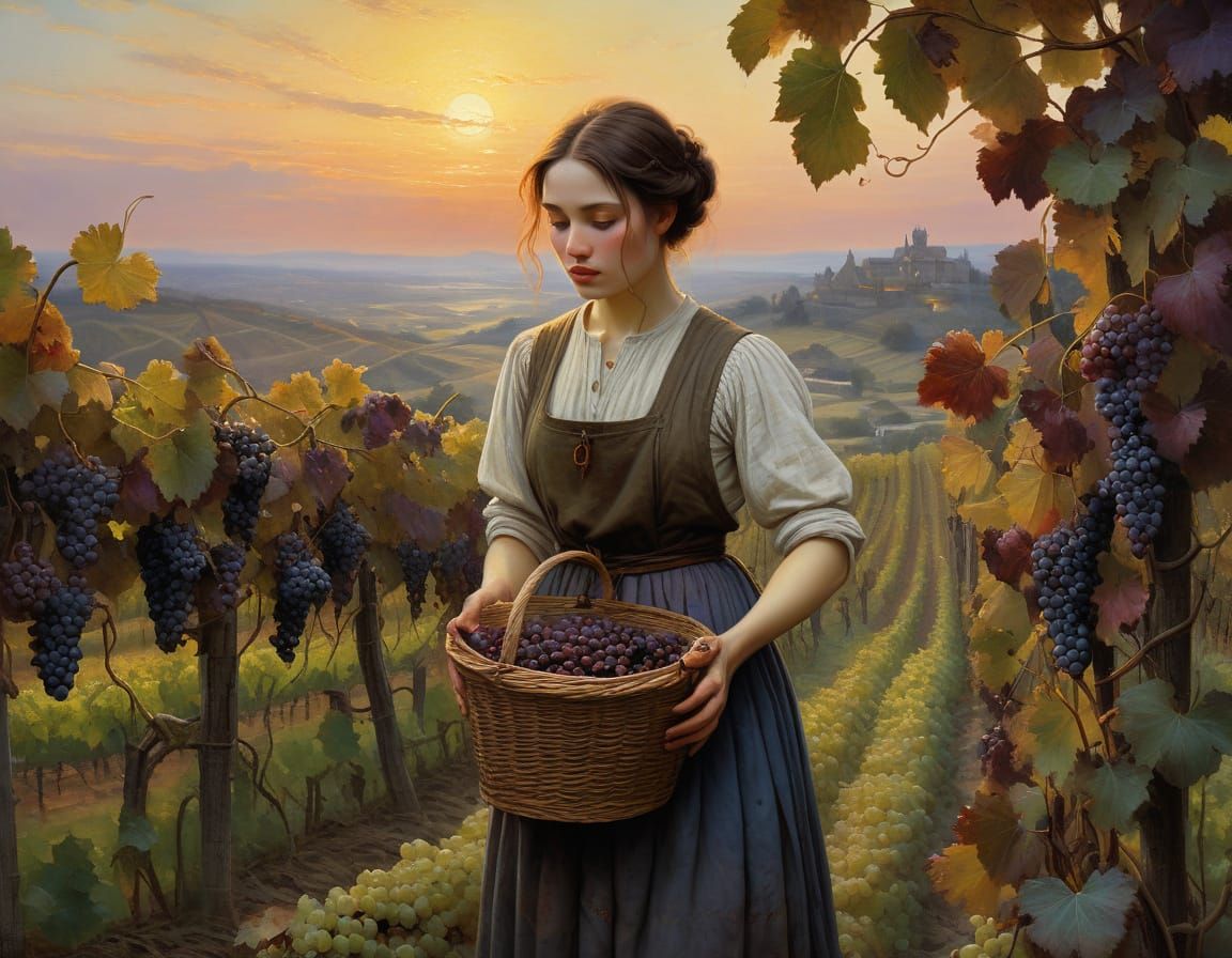 Vineyard Sunset with Peasant Girl