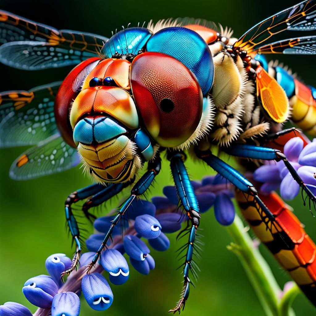 Close-up of Googly-Eyed Dragonfly on Lupine