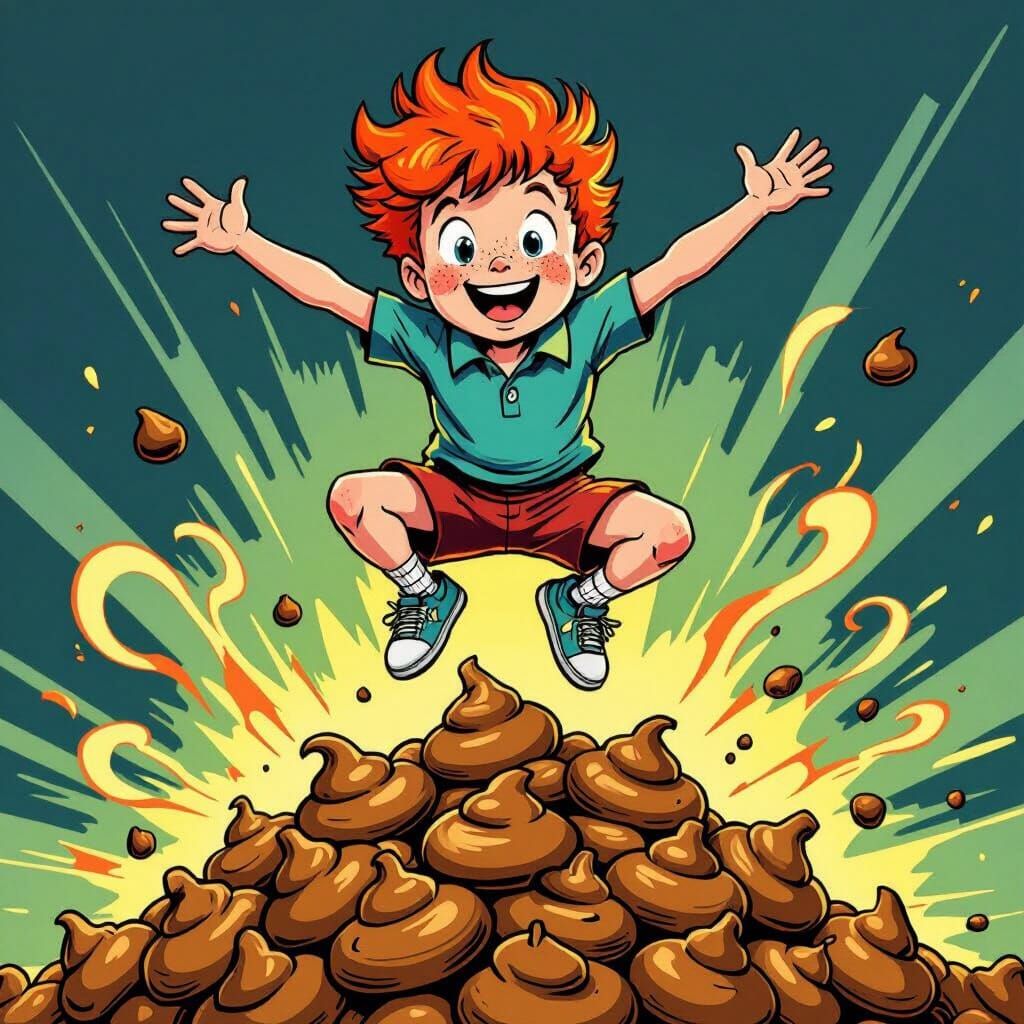 Joyful Boy Jumps Over Cartoon Turds in Comic Style