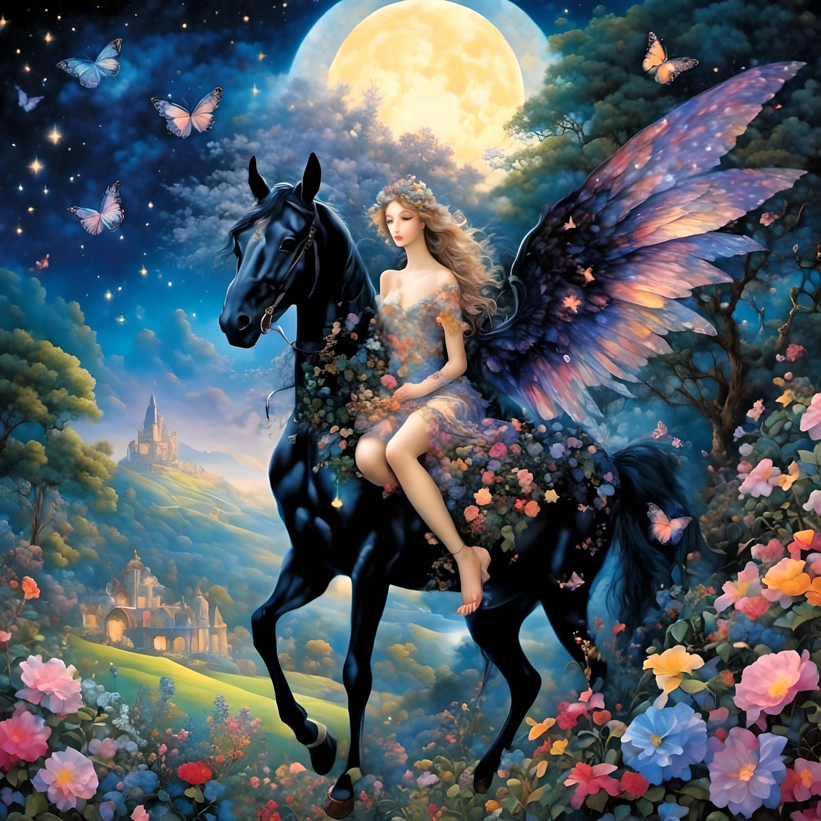 <lora:Midnight Garden:1.0> beautiful fantasy fairy countryside,  black black night, bright bright stars, fantasy backgro...