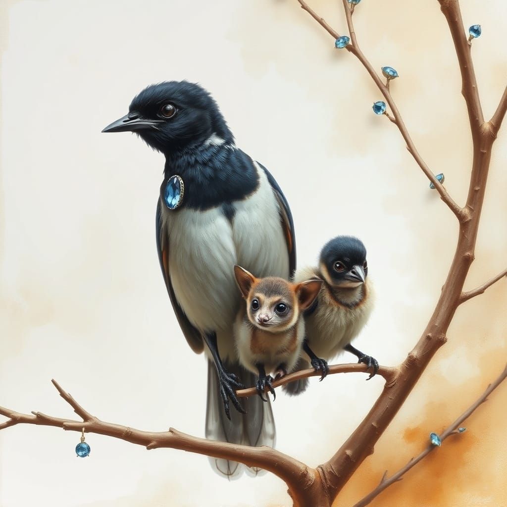Luminancy transparency with magpie and and pygmi babies place is blue. The perspective is slightly above the branch, as ...