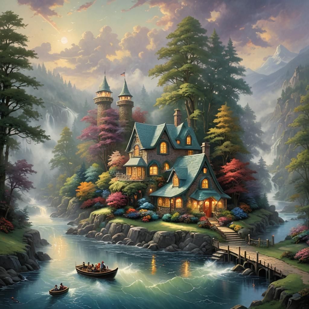 Ethereal Cottage in Mist: A Thomas Kinkade Fantasy