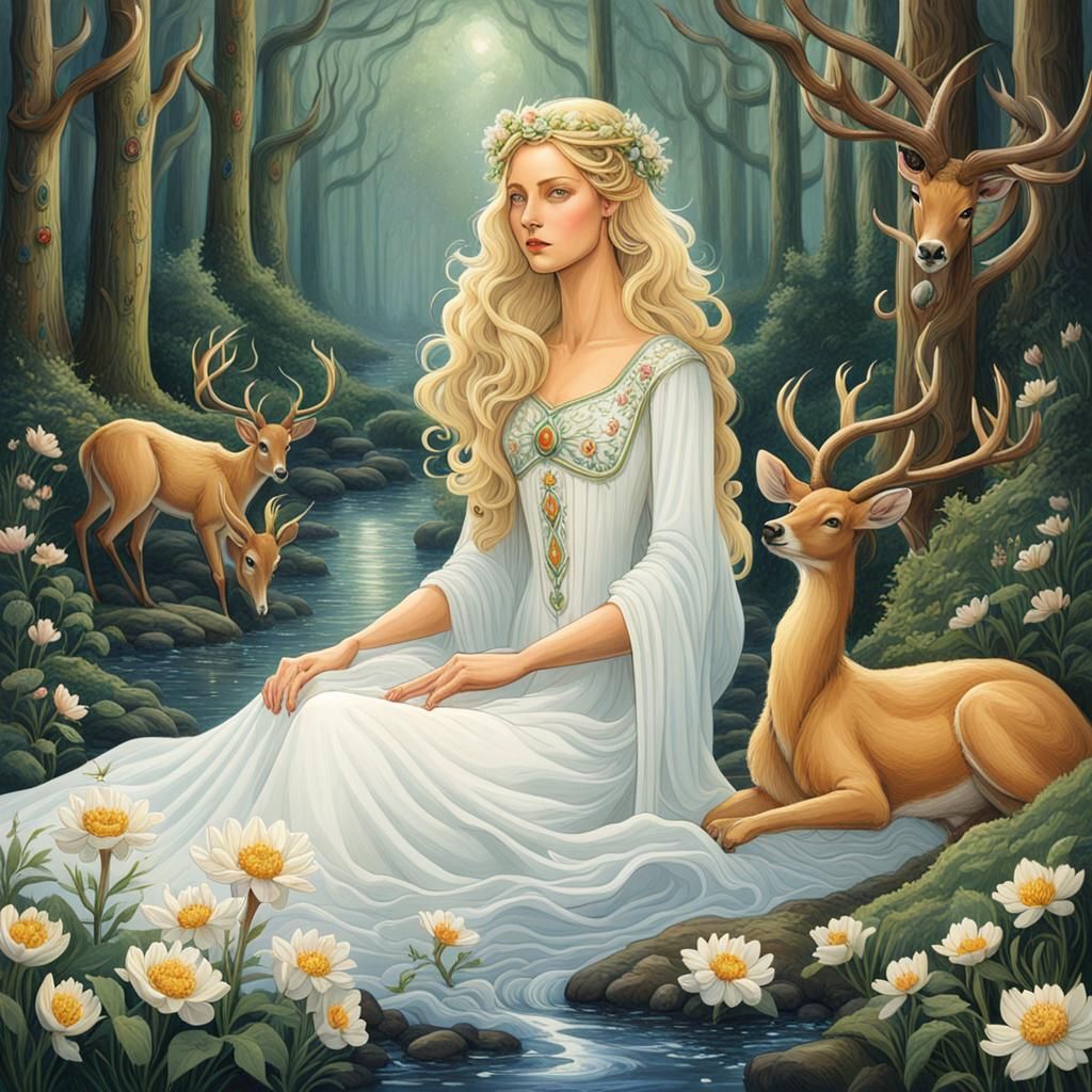 Brunhilde in Forest with Deer, Ethereal Art