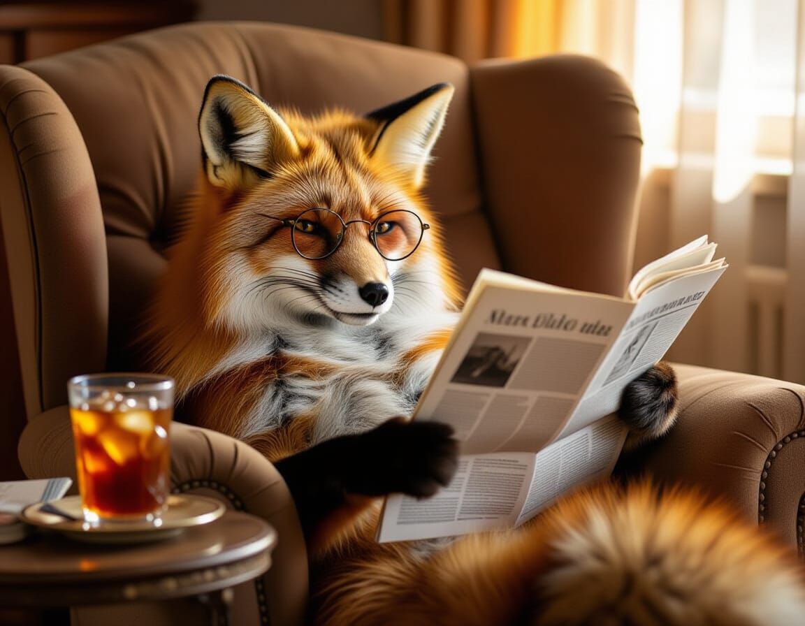 Fox Reading Newspaper in Armchair