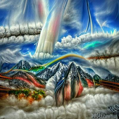 Stratospheric Mountain Peaks with Rainbow Clouds