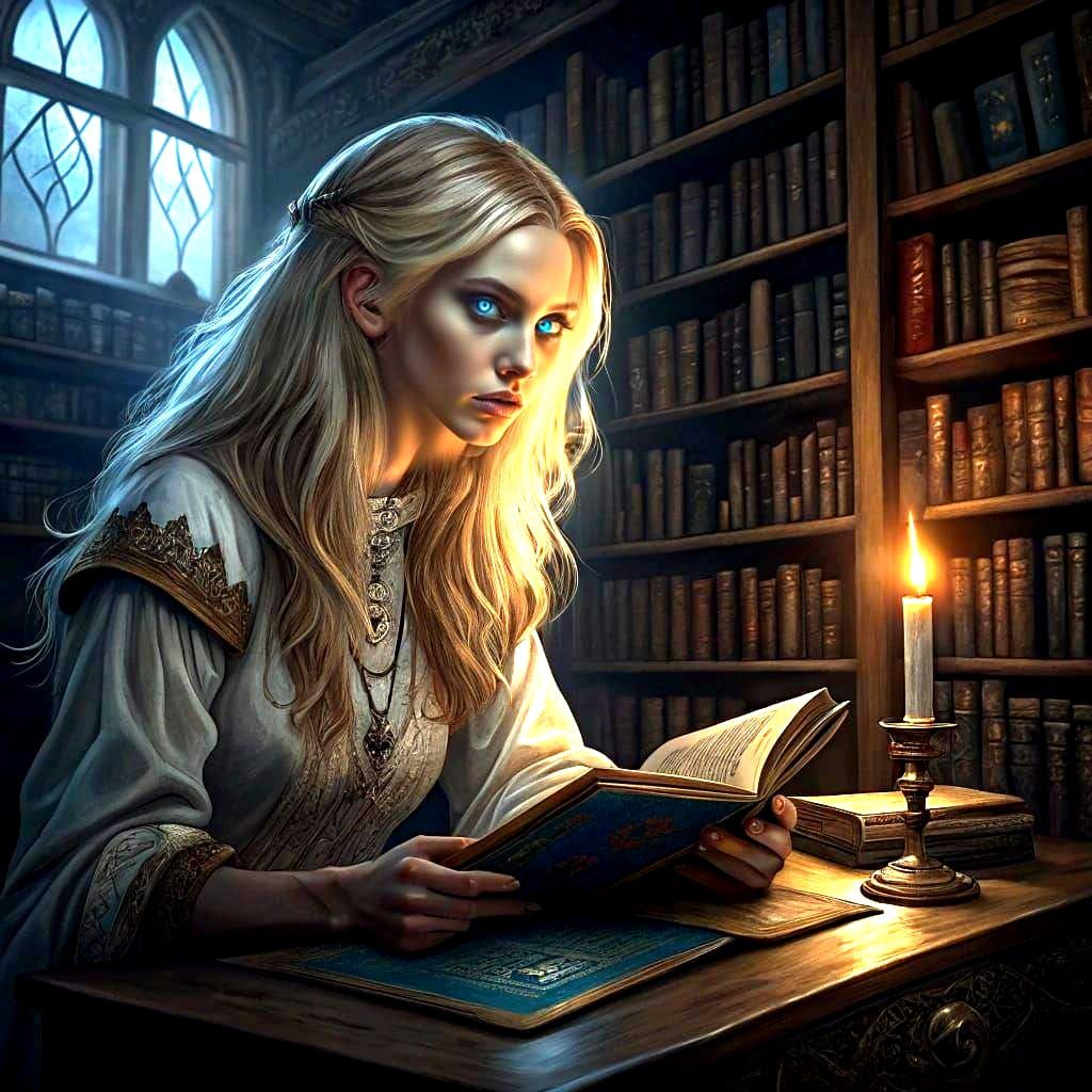 Ethereal Sorceress in Dimly Lit Study: Cinematic Fantasy