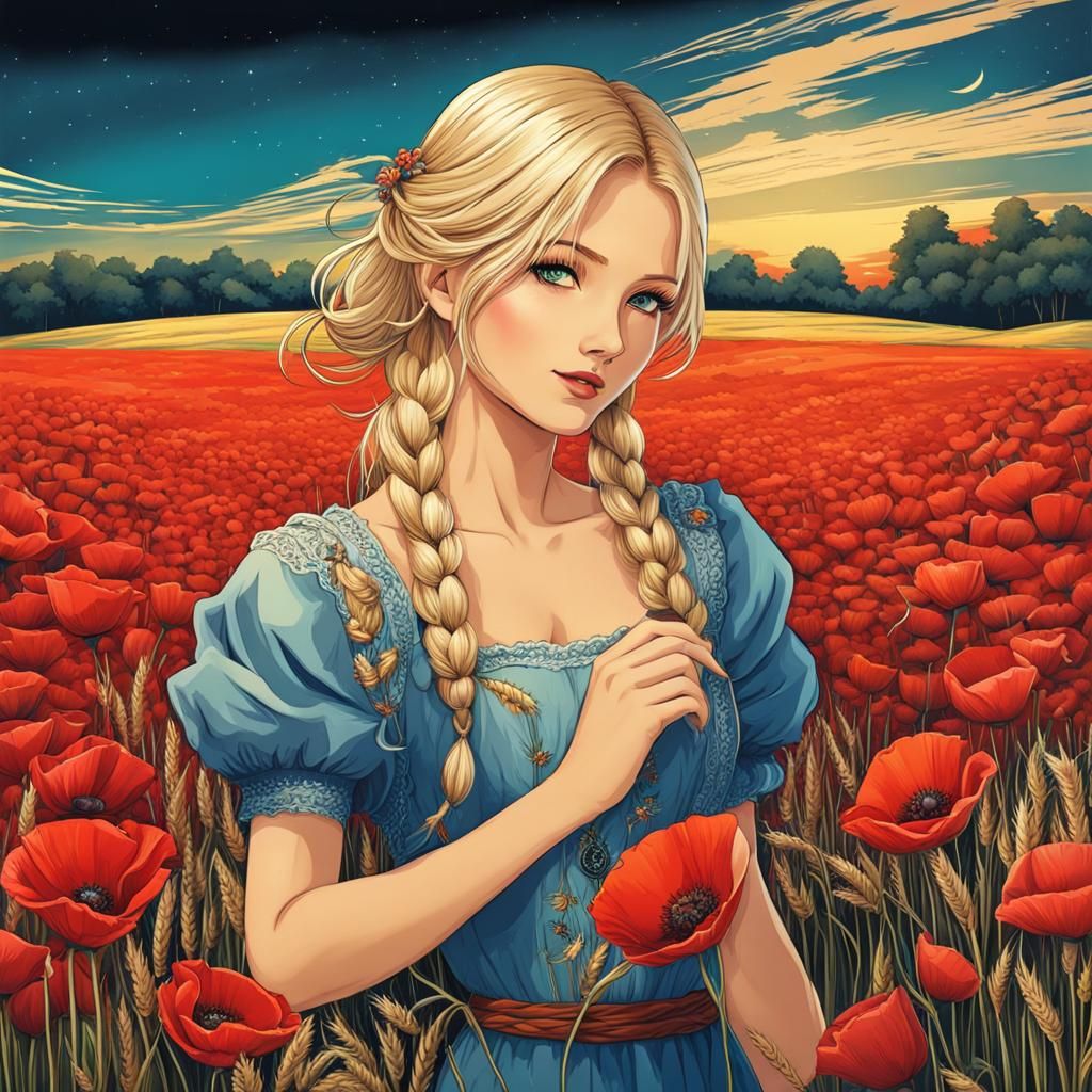 Blond Girl in Wheat Field with Poppies, Manga Style