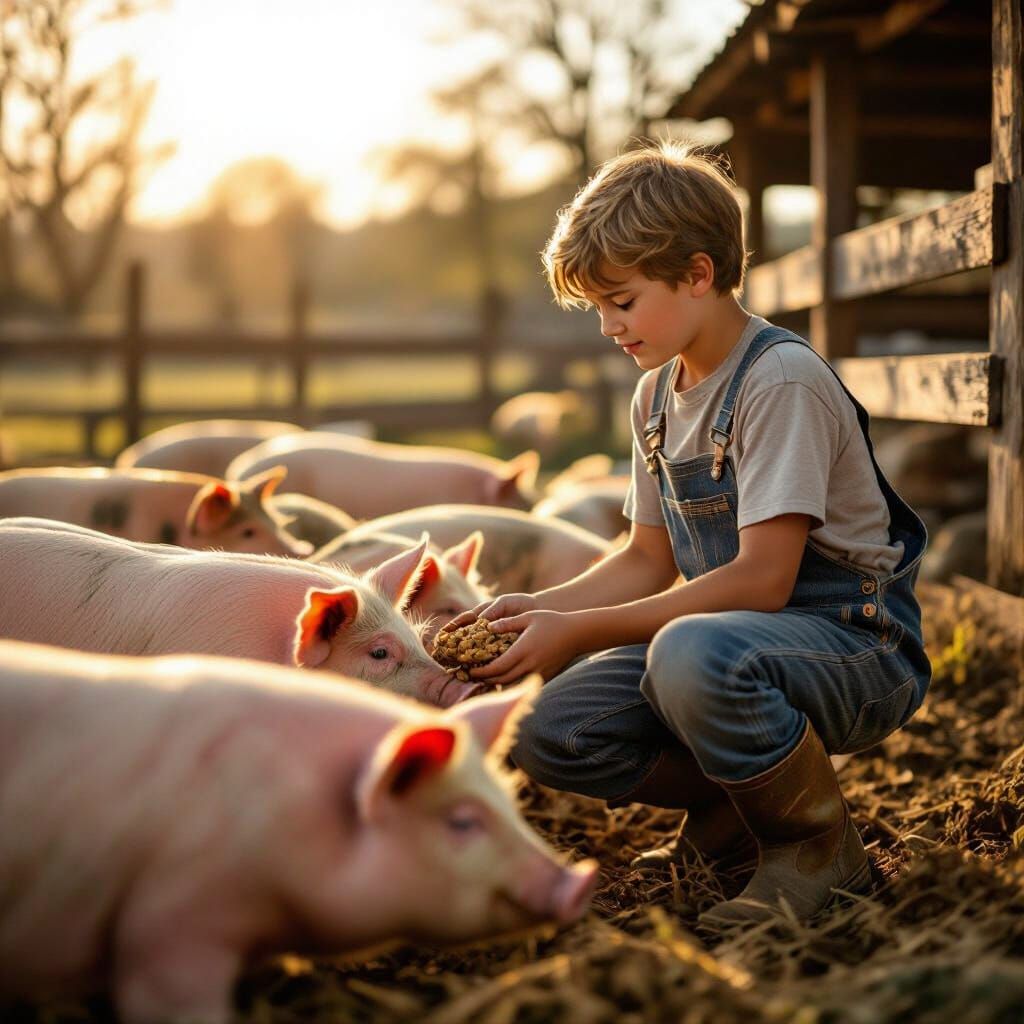 Farm Boy Feeding Pigs in Golden Sunlight