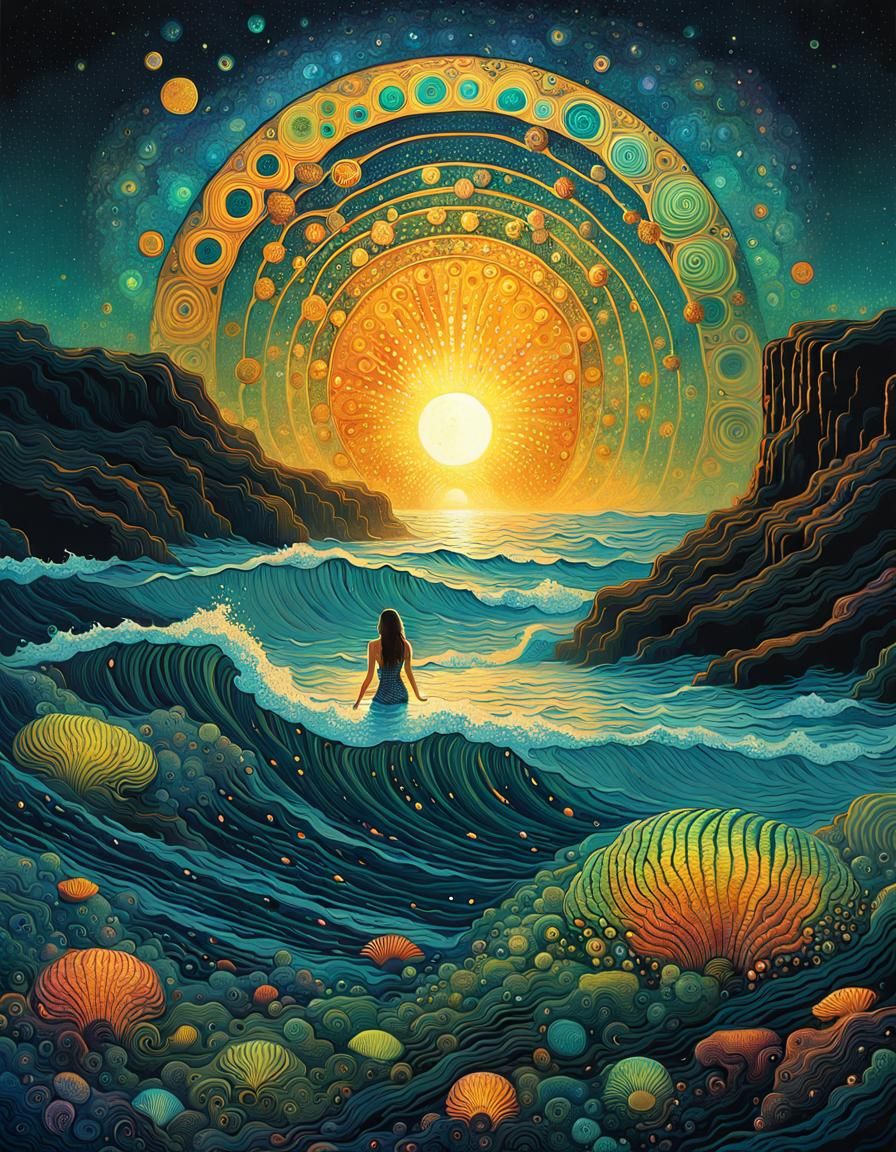 Mermaid on Beach: Iridescent Geometric Decalcomania Art