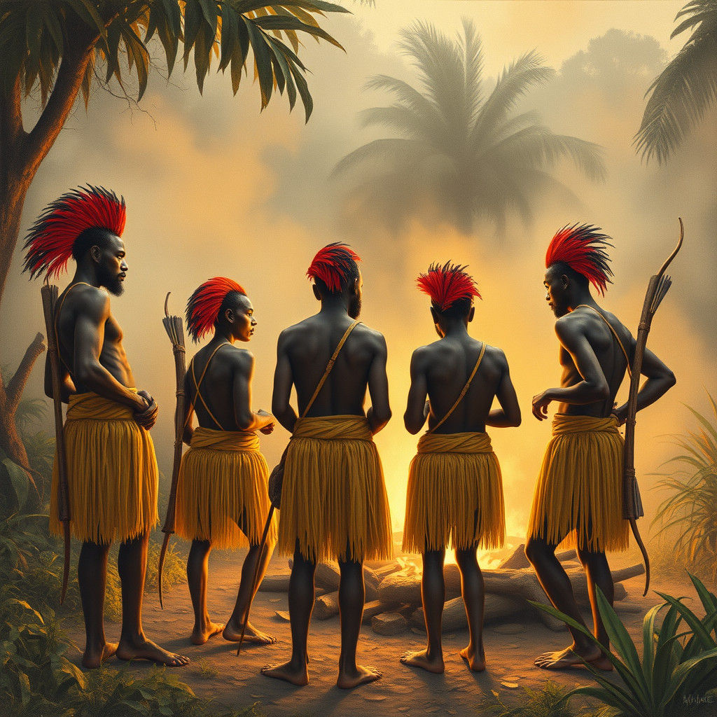 Pygmies Around Jungle Fire in Charcoal Style