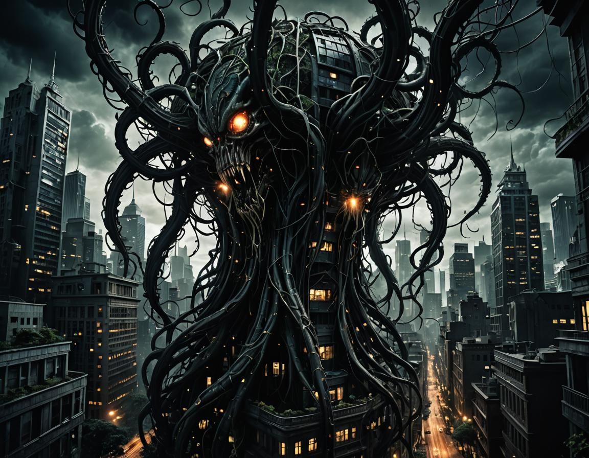 Biomechanical Cityscape Overrun by Alien Tendrils