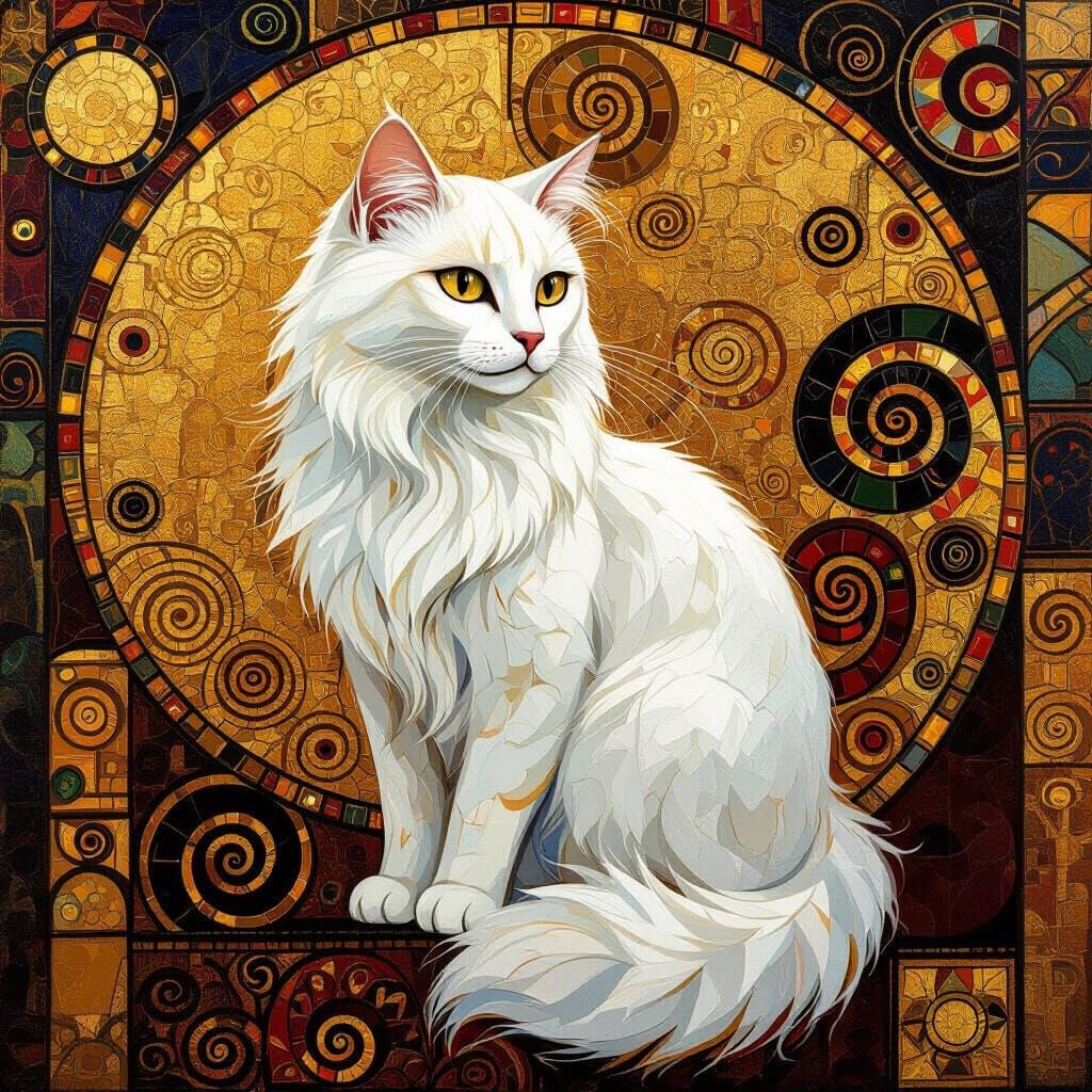 White Cat in Opulent Klimt Style with Gold Accents