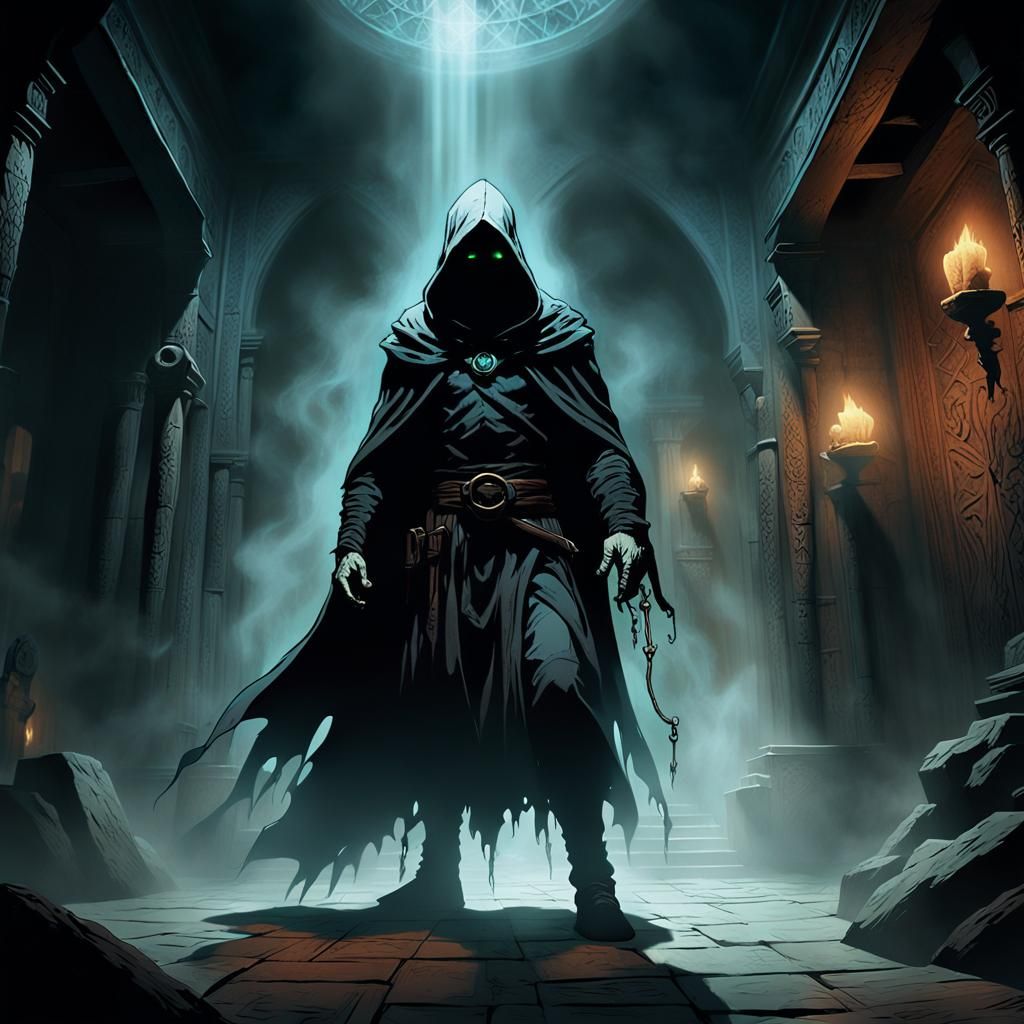 Mystical Necromancer Summons Spectral Entity in Dark Chamber