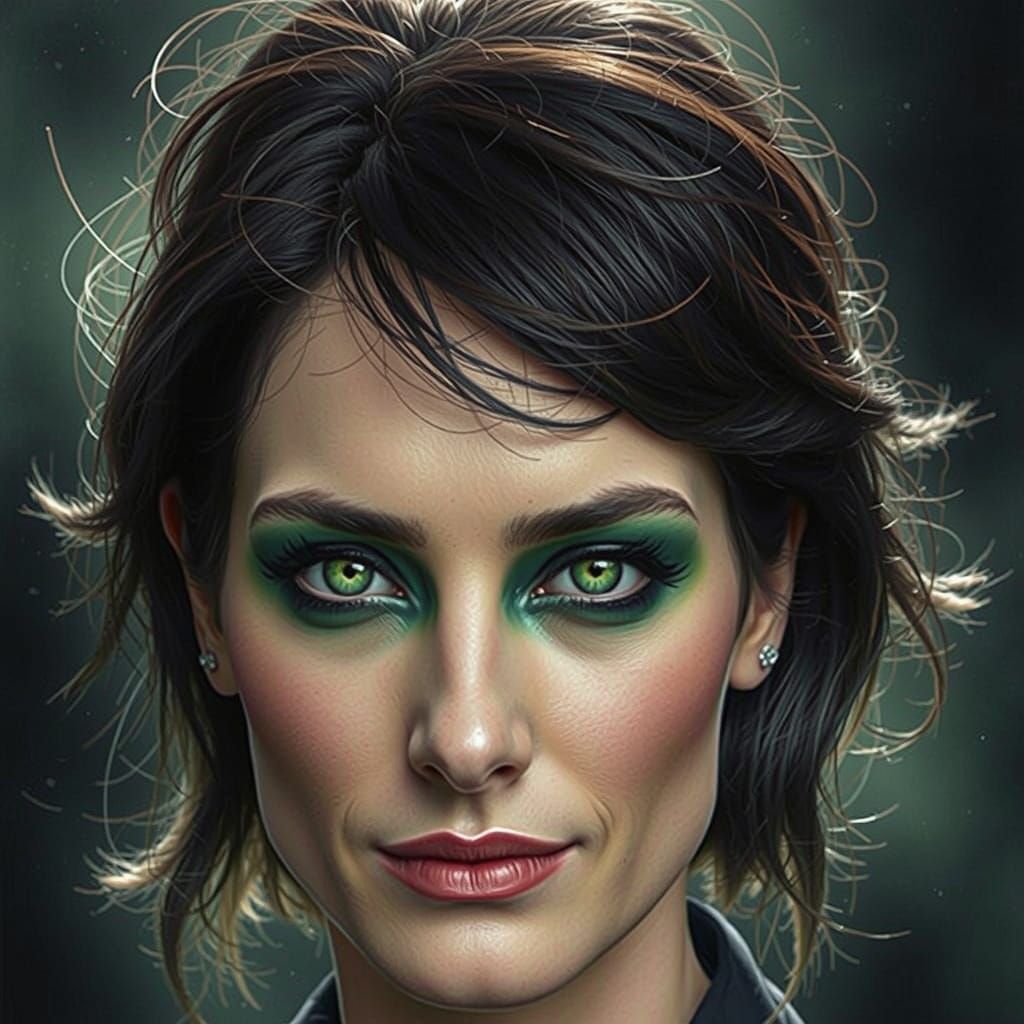 Moody Office Portrait with Green Hair and Dramatic Makeup
