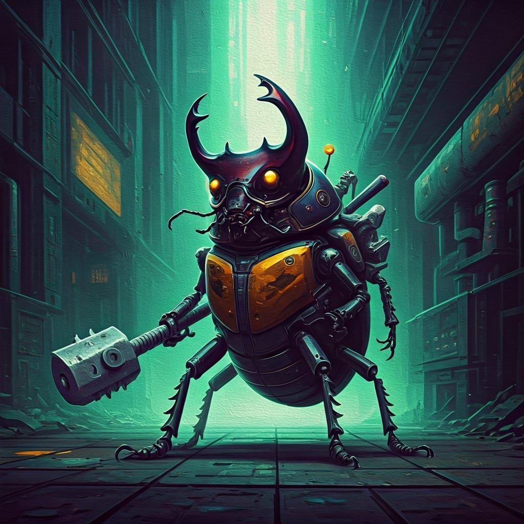 Cyborg Beetle Mercenary in Neo-Impressionist Factory