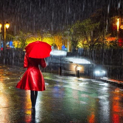 Woman in Red Umbrella Walks Through Rainy Thunderstorm