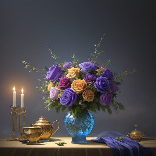 Lush Bouquet of Roses in Moonlit Vase - Fantastical Art