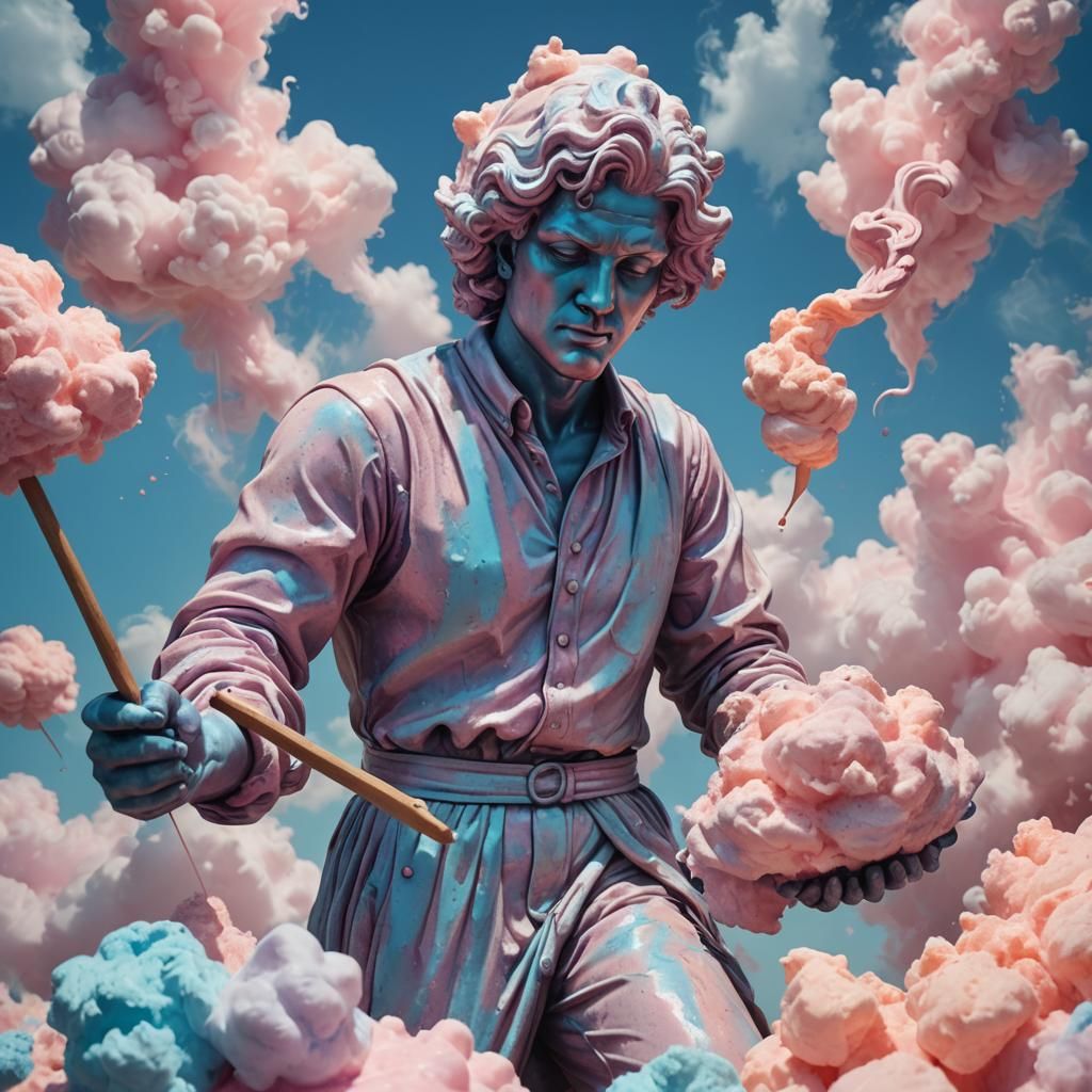 Man Sculpting David Statue from Cotton Candy