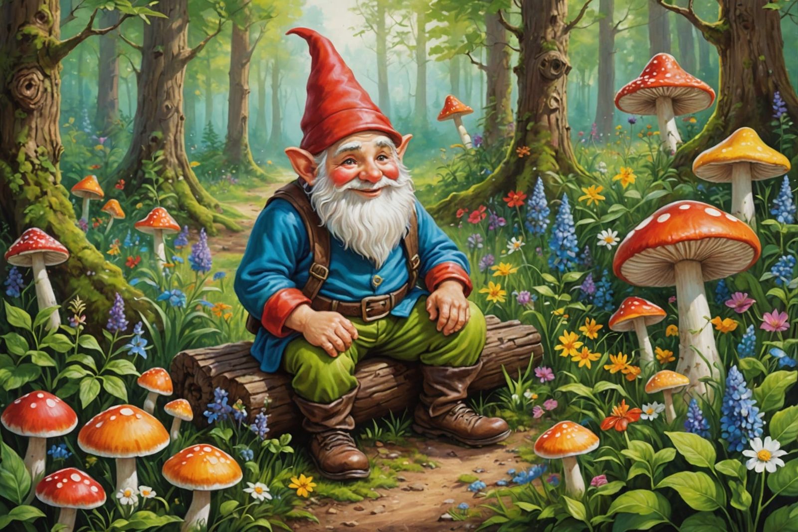 Charming Gnome in Forest Clearing: A Whimsical Painting