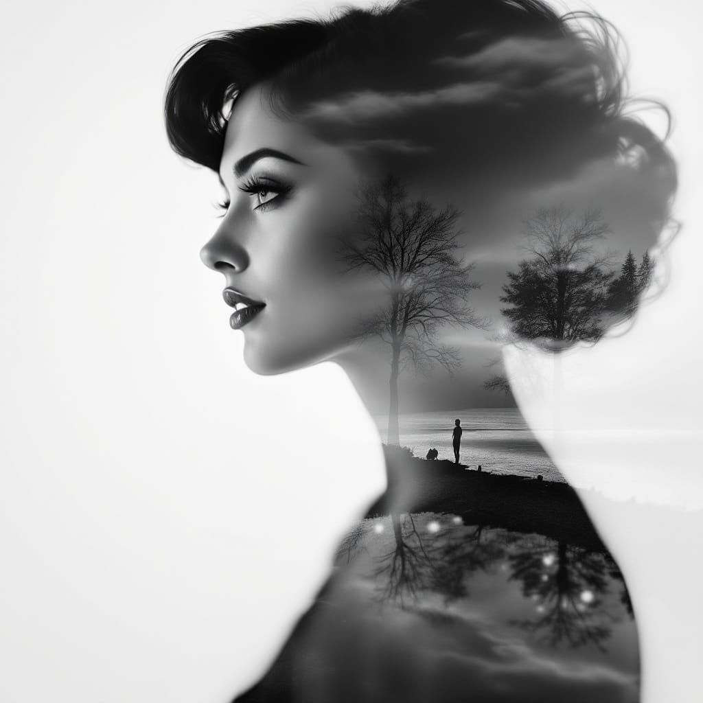 Double exposure photography; side profile portrait of a touch of ivory closeup of a betty boop style as smiling, art dec...