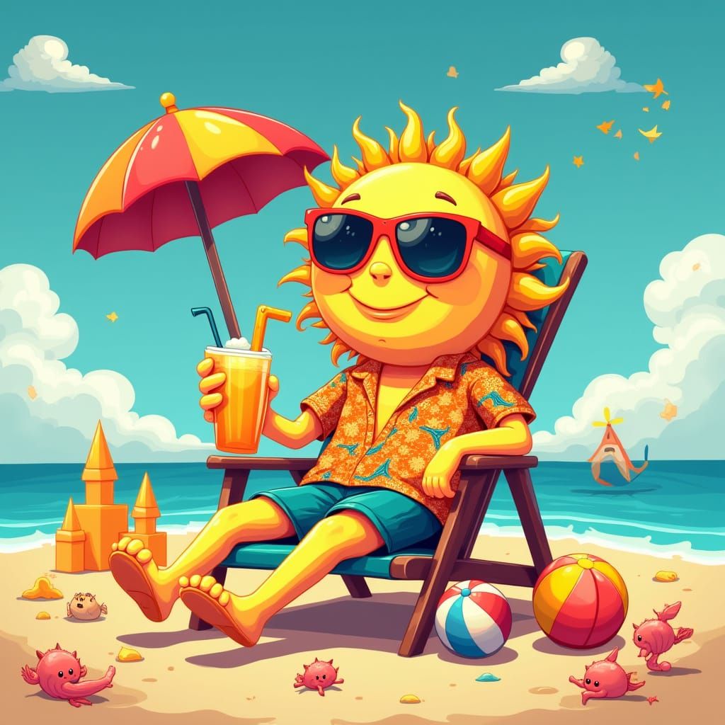 Cartoon Sun Relaxing on Beach in Digital Art