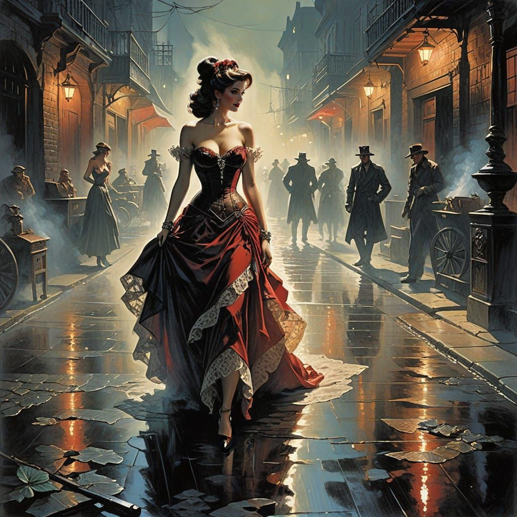 Sultry Femme Fatale in a Haunting New Orleans Night Scene