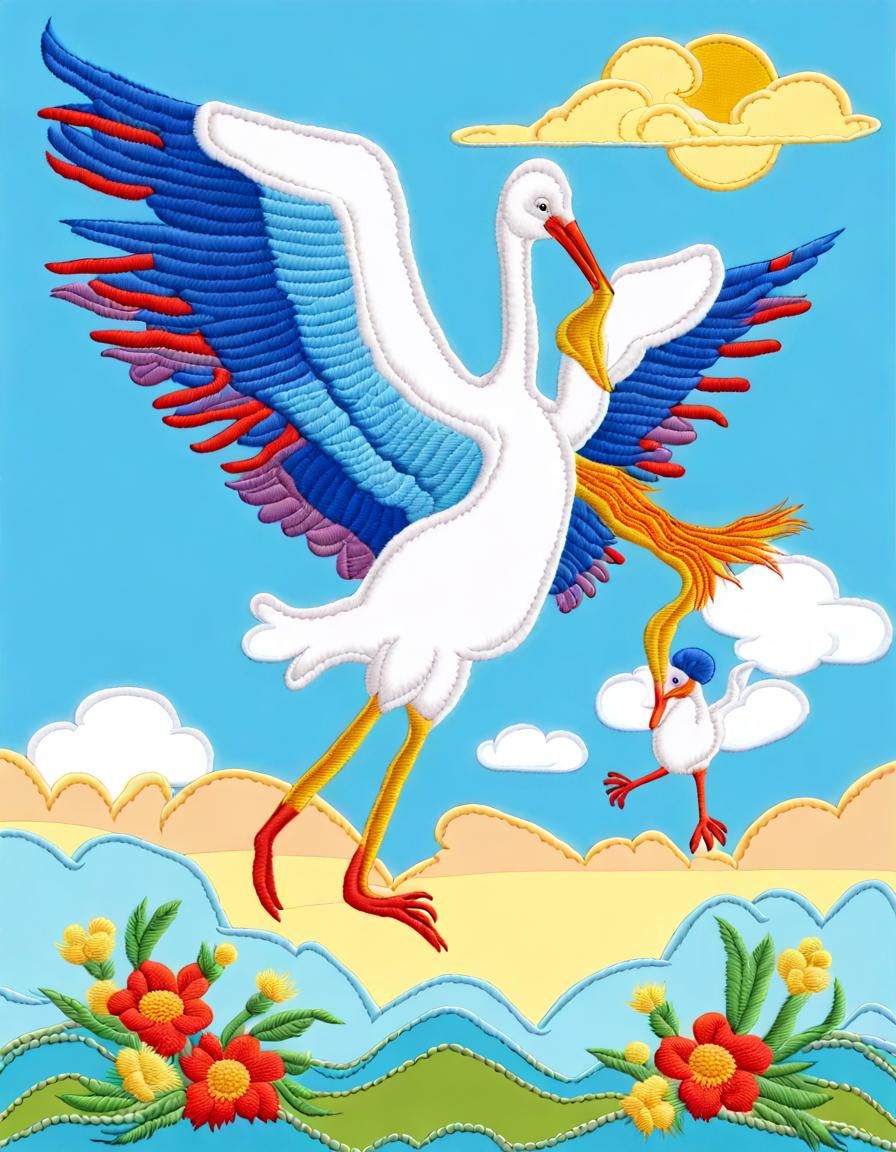 Joyful Stork Brings Baby in Vibrant Embroidery
