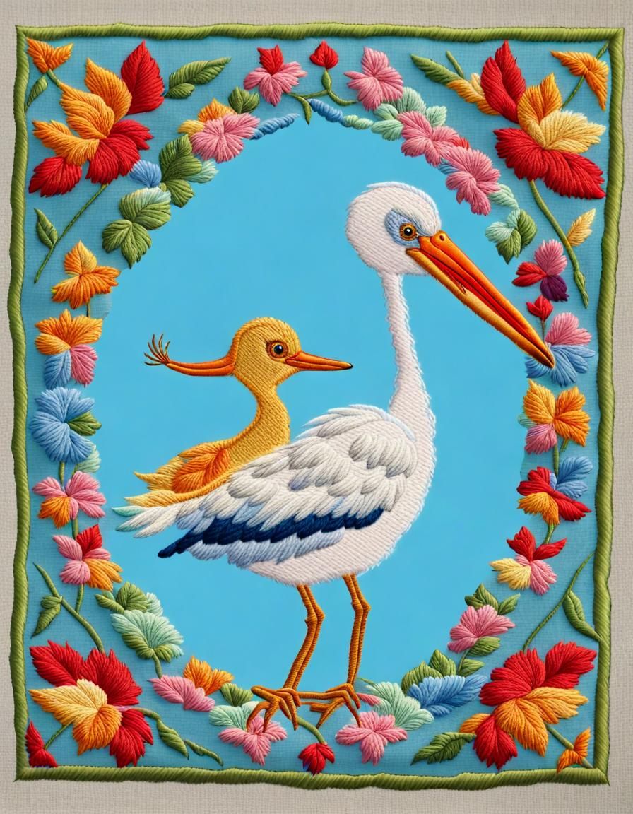 Stork Brings Adorable Baby in Vibrant Embroidery