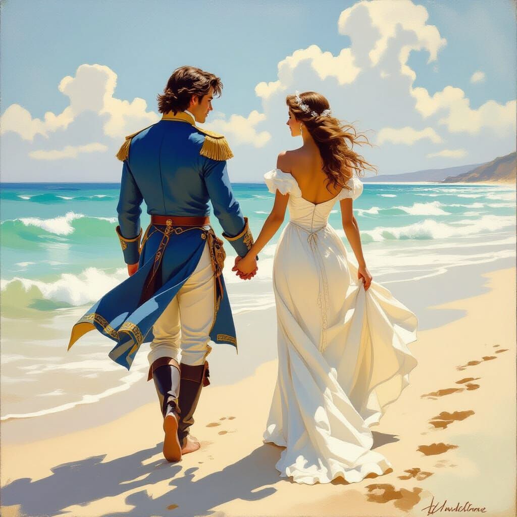 Prince and Princess Walk on Sun-Drenched Beach