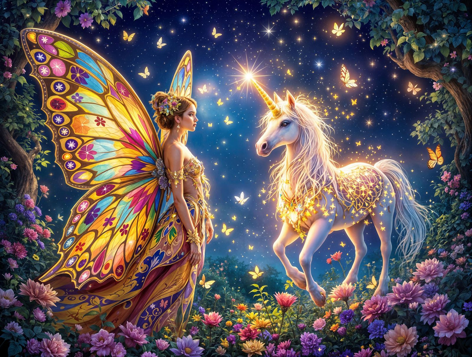 Enchanted Fairy and Unicorn in Vibrant Whimsical Forest