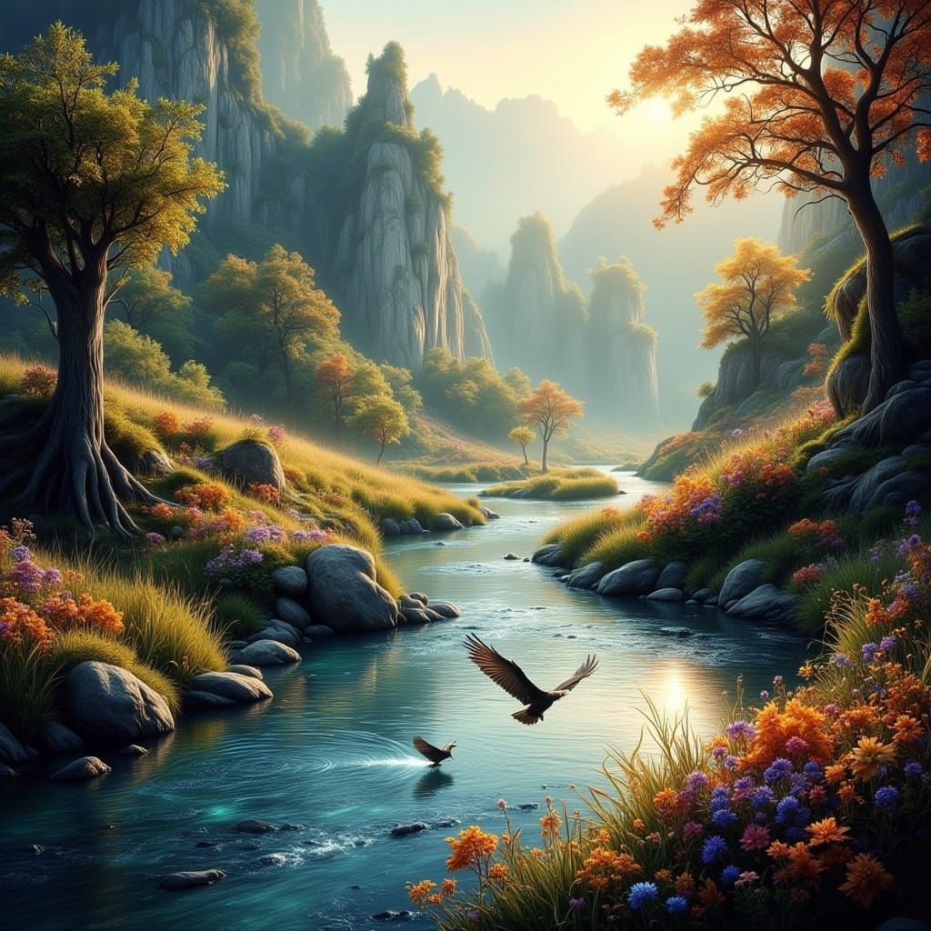 Peaceful Valley Dawn with River and Eagle