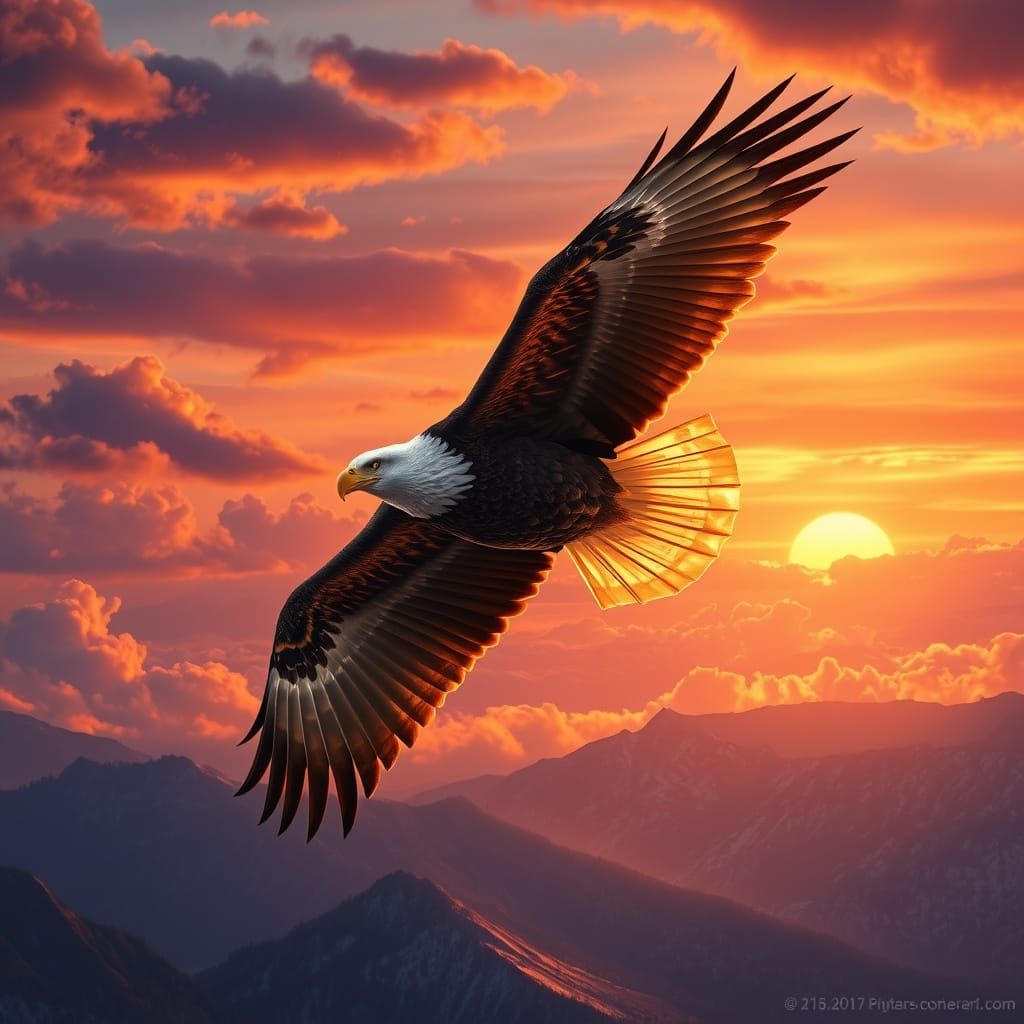 Bald Eagle Soaring at Sunset: Hyperrealistic Bird of Prey