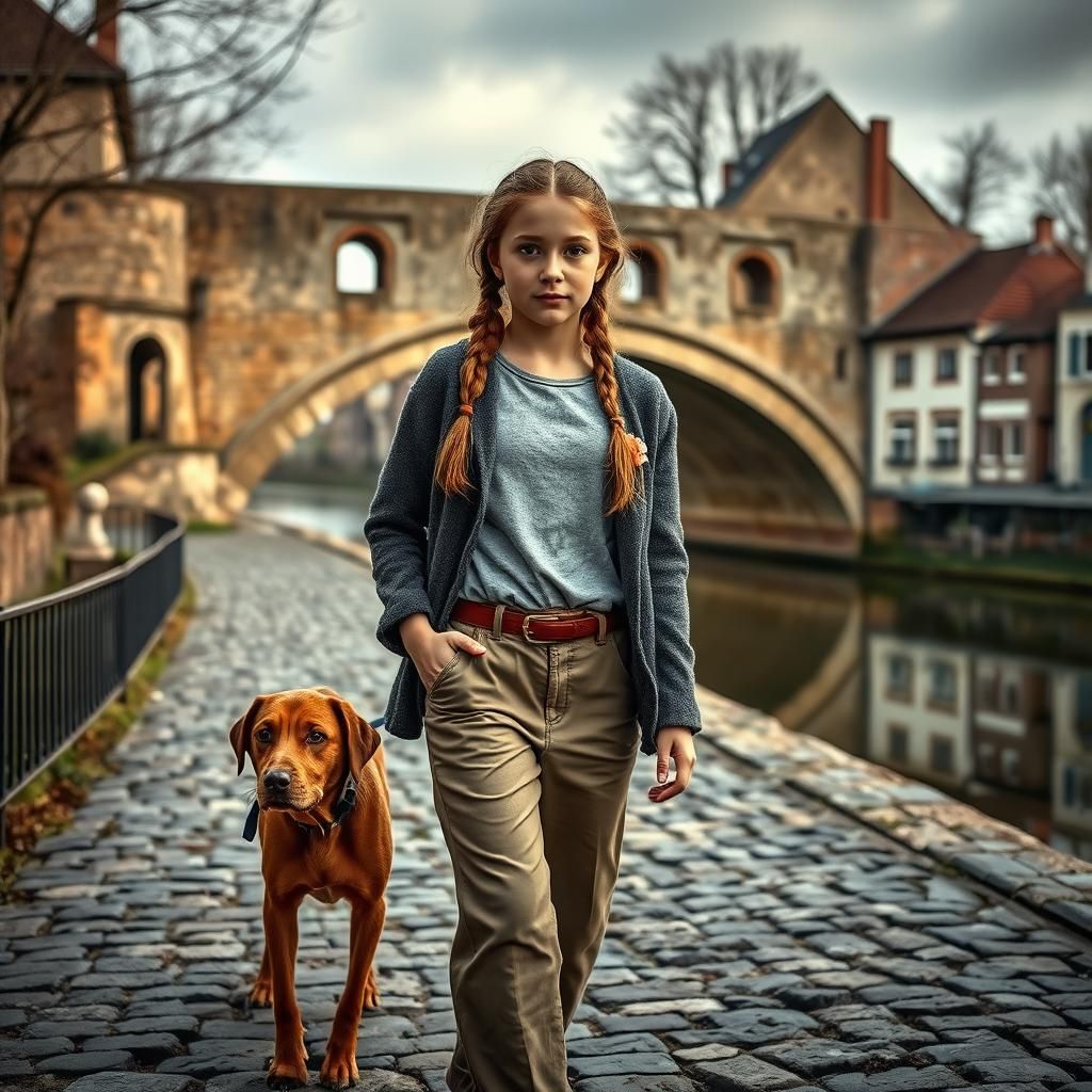 Girl and Labrador on Cobbled Path: Realism Painting