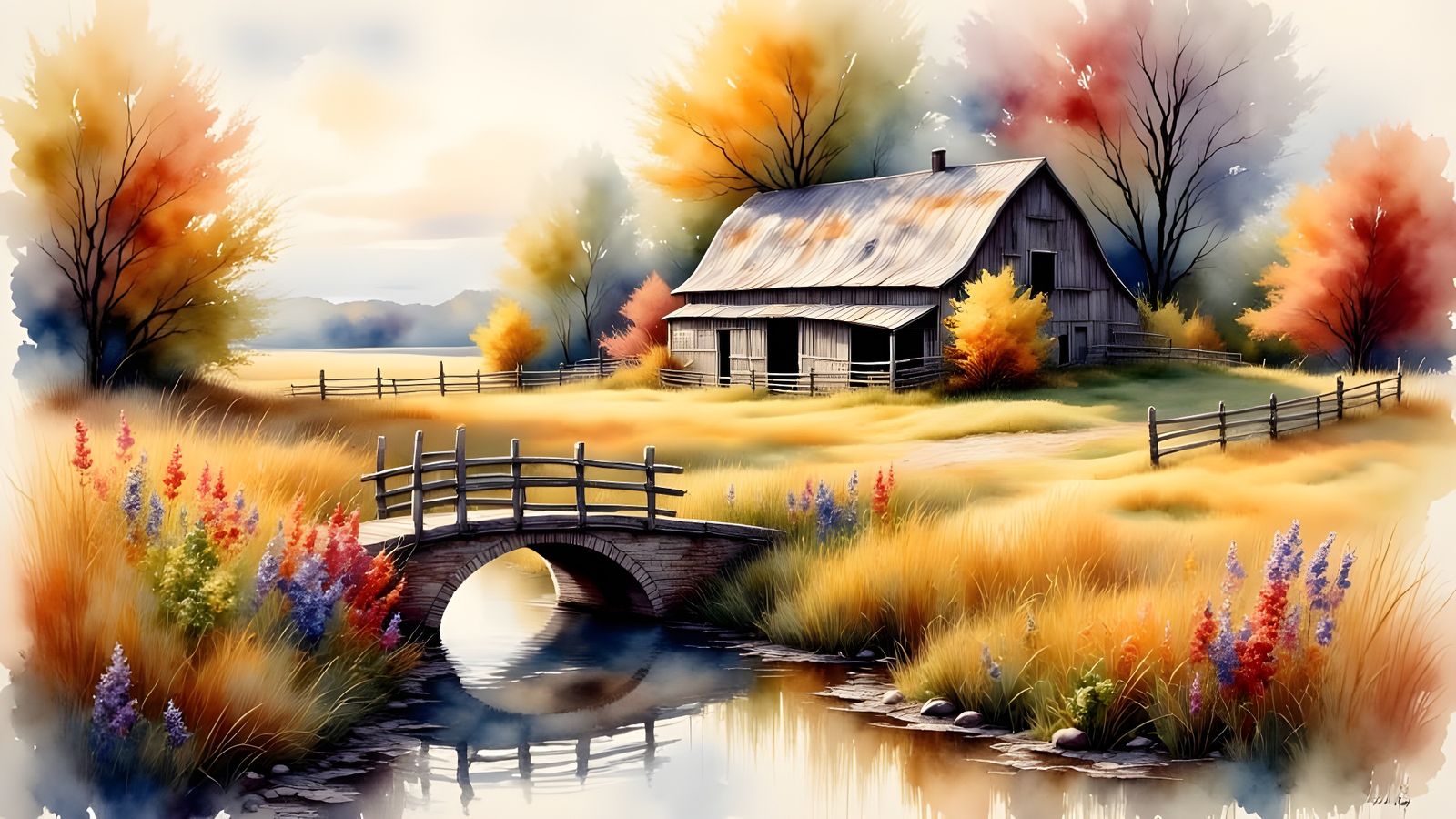 Surreal Watercolor Landscape of Ancient Barn by Creek