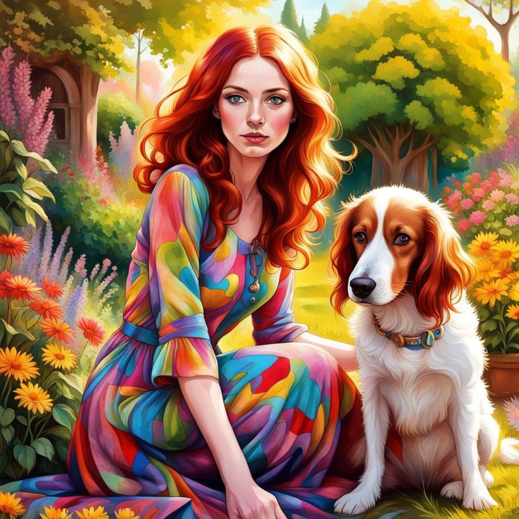 Girl and Afghan Dog in Psychedelic Garden