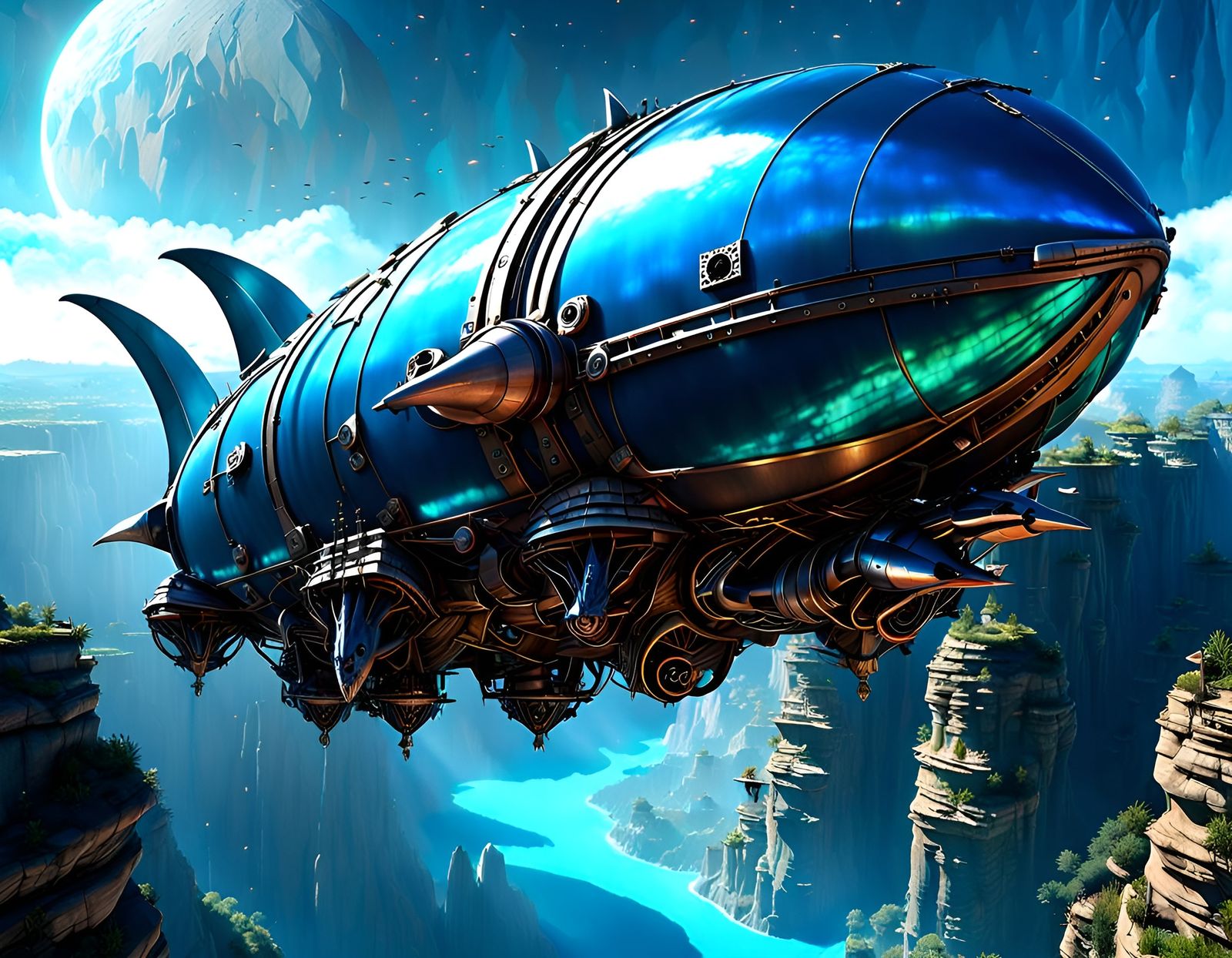 Aetherpunk Airship with Iridescent Magic in Fairie Canyon