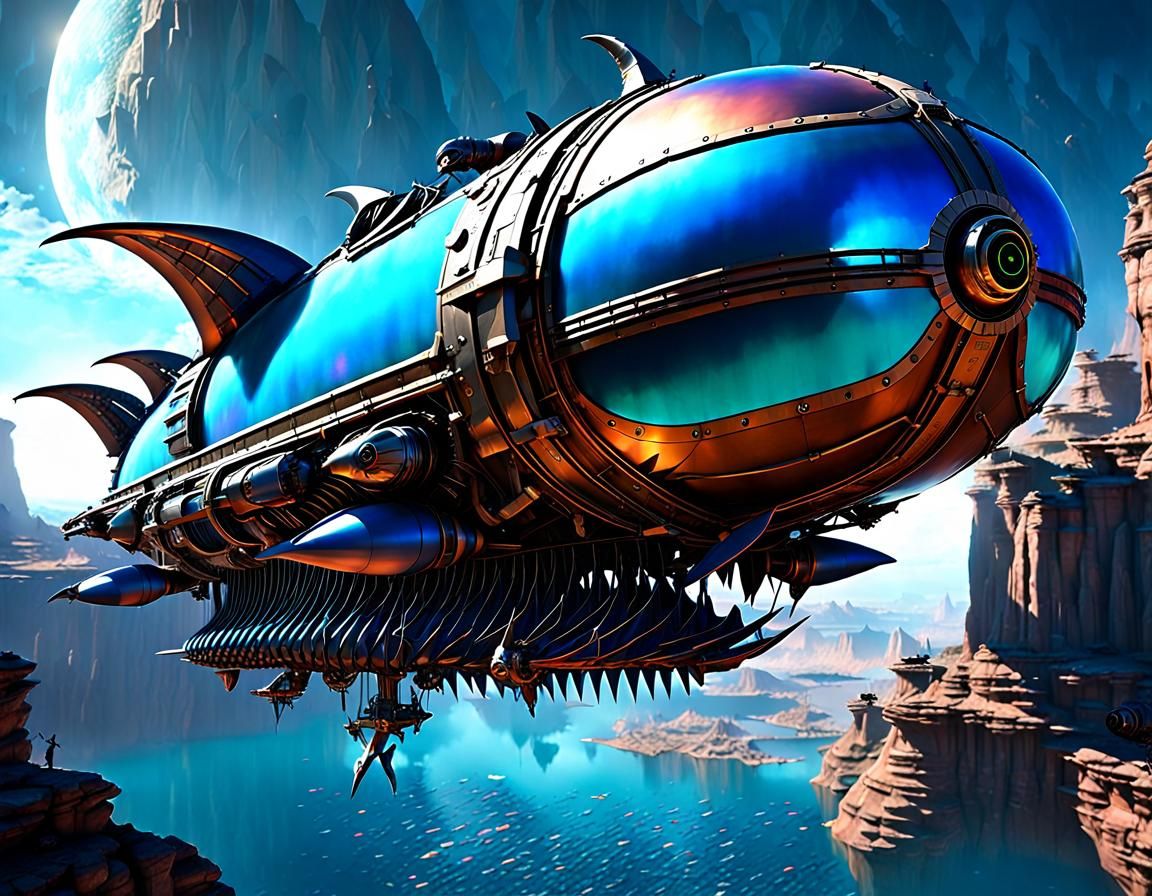 Aetherpunk Airship Over Fairie Canyon in Arcanepunk Style