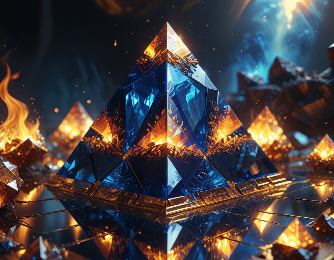 Sapphire Pyramid Reflecting Mandelbrot Fire, Oil Painting