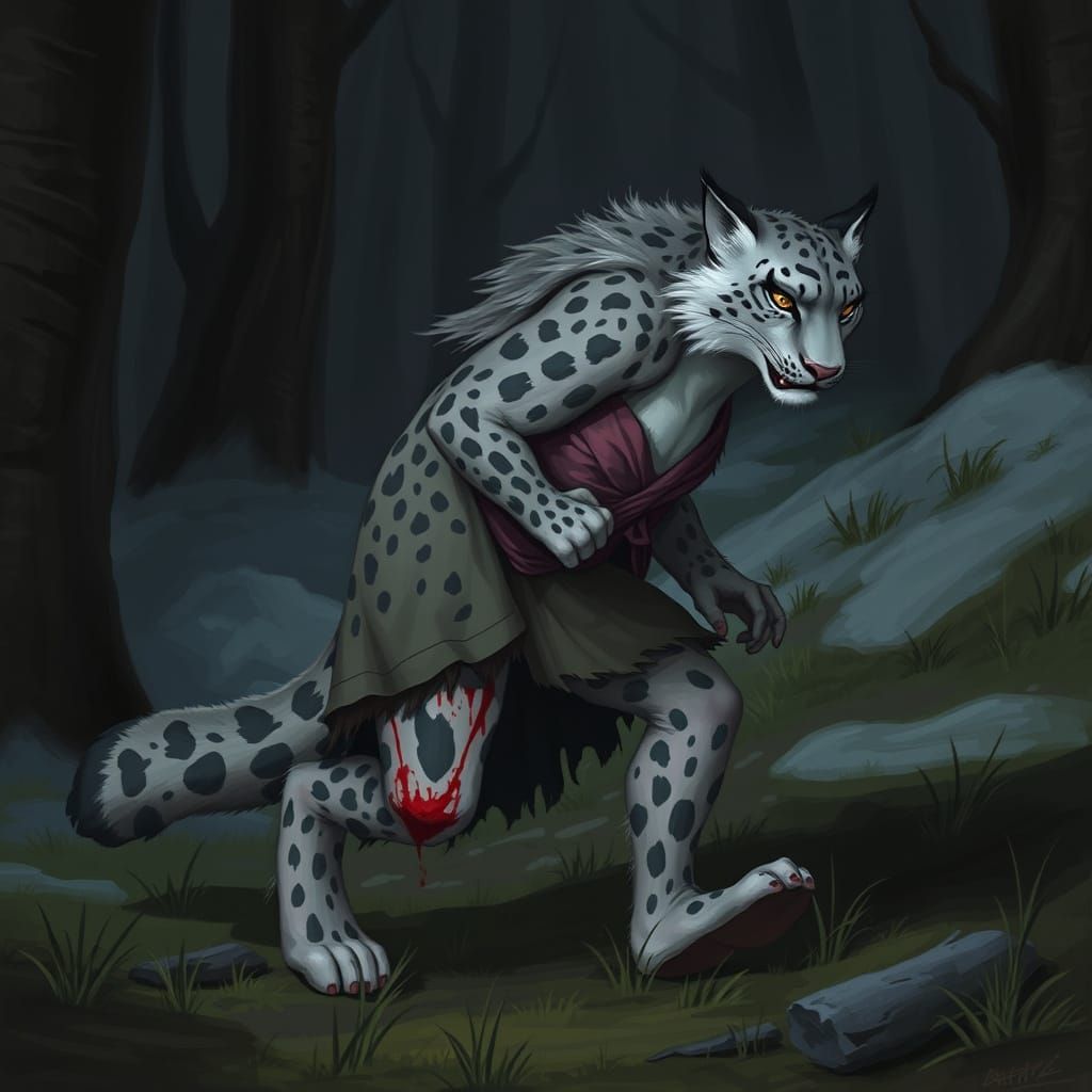 Frightened Snow Leopard Woman Flees Through Woods