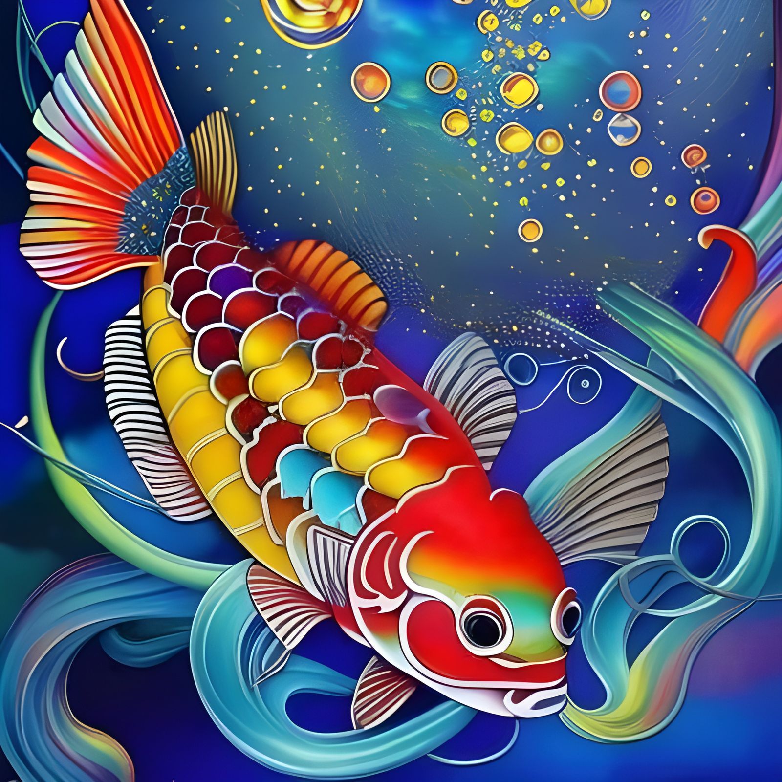 Ornate Rainbow Koi Fish in Dark Blue Water