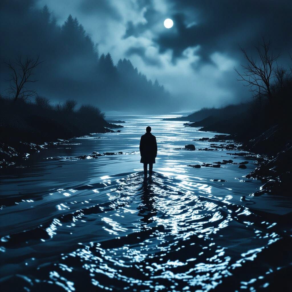 Cinematic River Flowing Through Shadows in Realistic Style