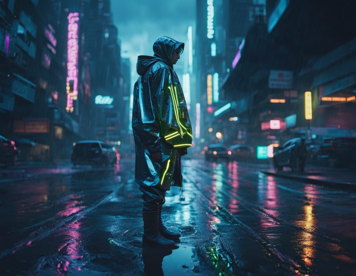Neon City Rain: Futuristic Fashion, Cinematic Lighting