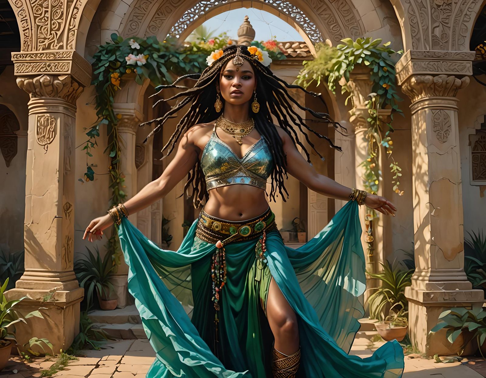 Belly Dancer in Lush Courtyard, Detailed Photo