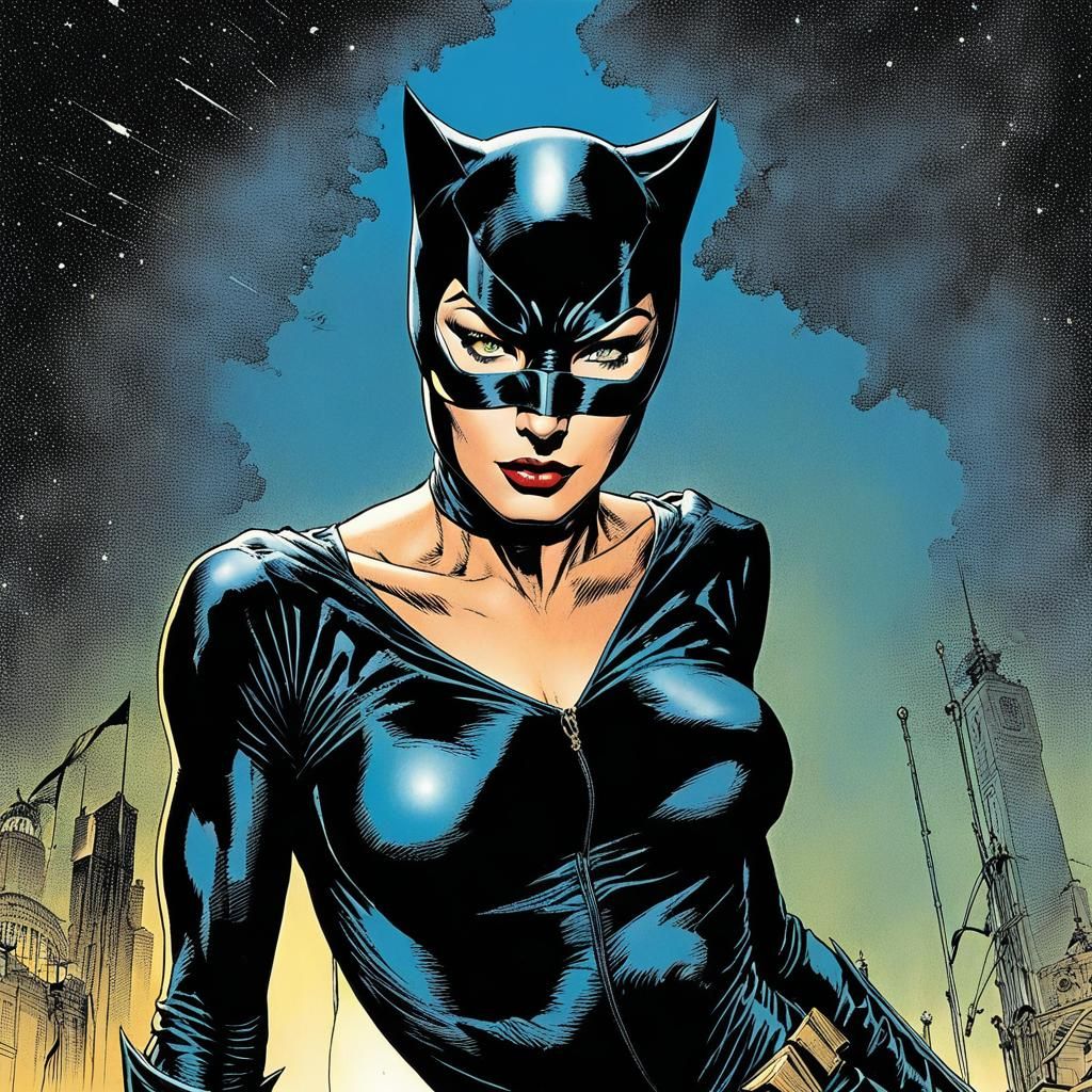 Alluring Catwoman in Color Ink Drawing Style