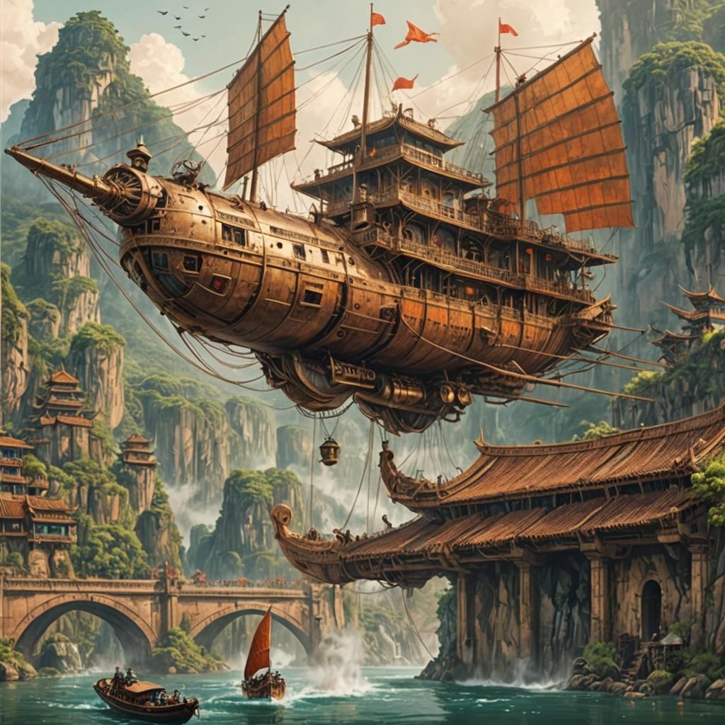 Steampunk Vietnamese Flying Boat Over Ancient City