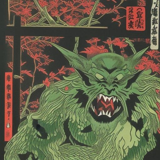 Green Goblin Gardener Casting Magic: Edo Shin-Hanga Style