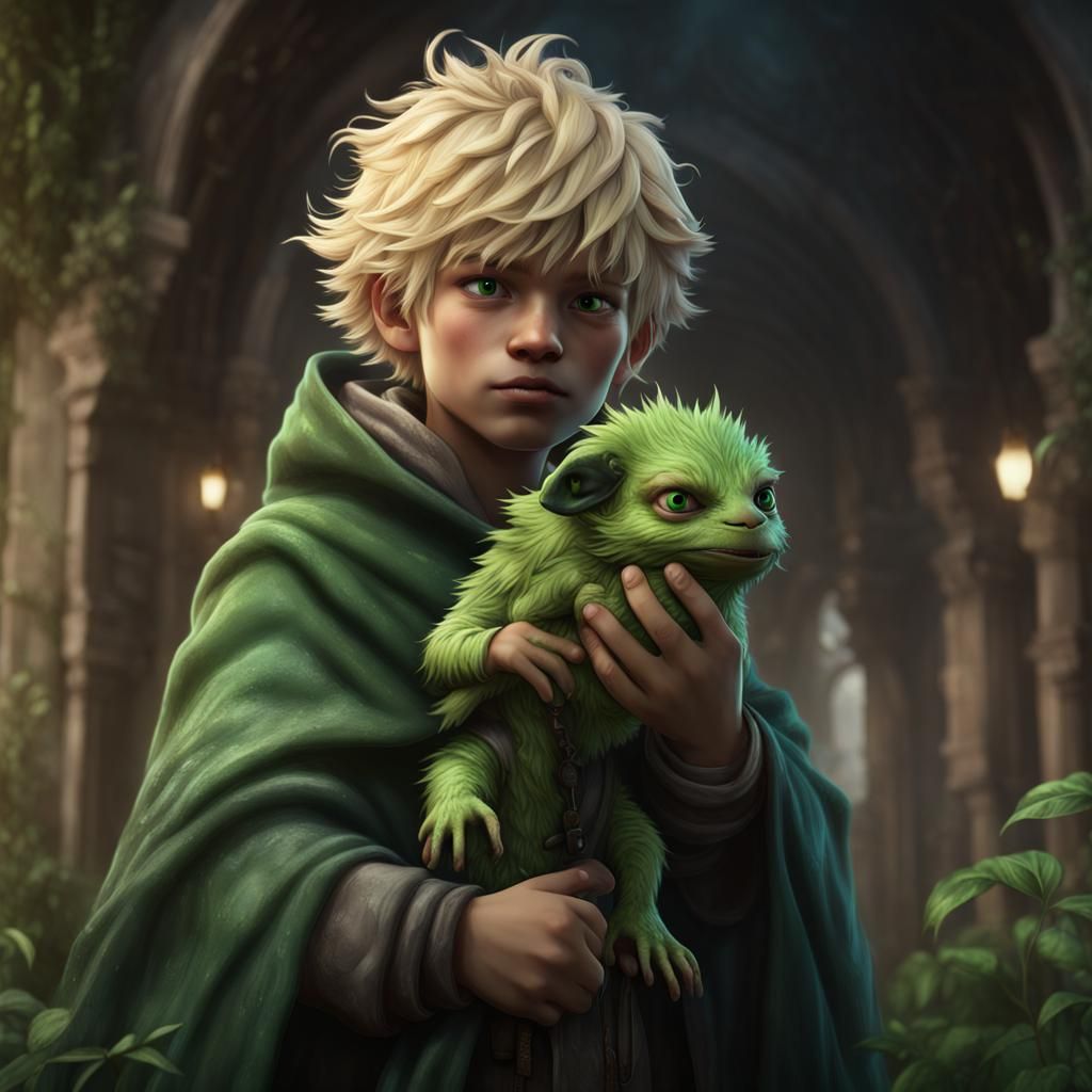 Boy with Green Creature: Fantasy Concept Art