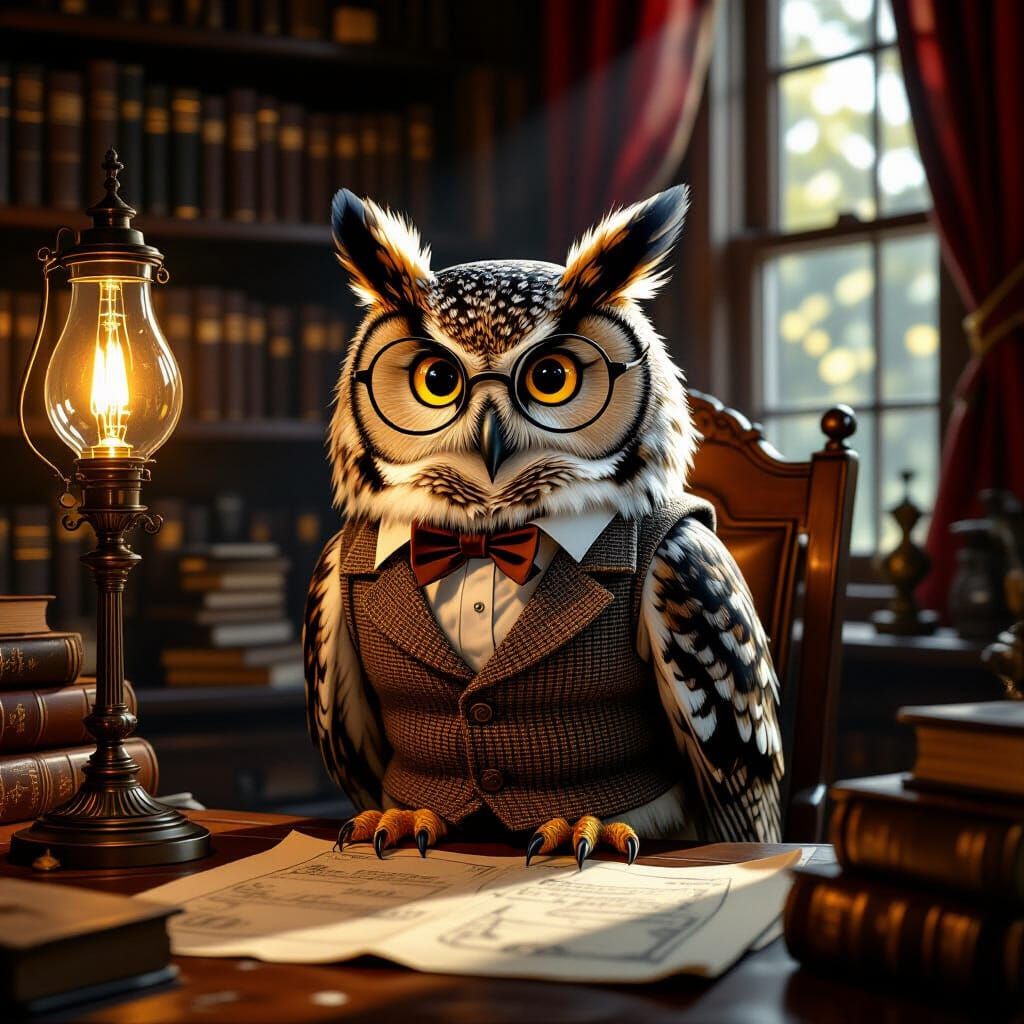Wise Owl in Tweed Vest in Victorian Study