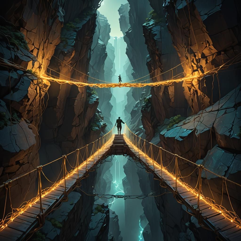 Ethereal Bridge Over Chasm in Surreal Digital Art